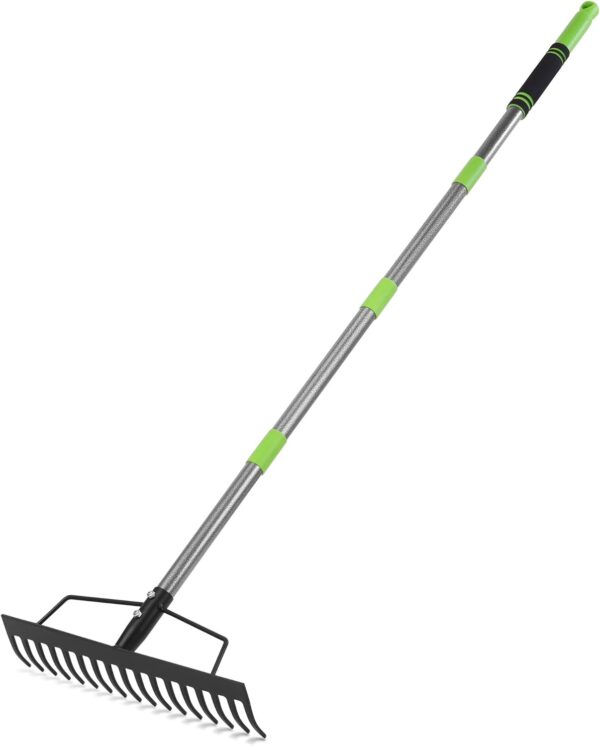 65 Inch Bow Rake, 17 Tines Metal Head Rakes with High Strength Handle, Heavy Duty Garden Rake with Adjustable Handle for for Loosening Soil, Gathering Leaf, Leveling Lawn, Farming Land