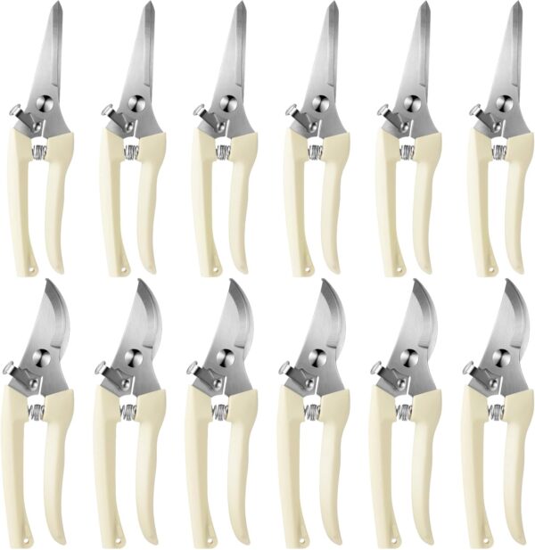 12 Pcs Garden Shears Flower Scissors Pruning Shears Floral Garden Clippers Hand Pruners Branch Cutter Gardening Tools for Plants Cutting, Trimming, Fruits Picking (Beige,Bypass, Straight)
