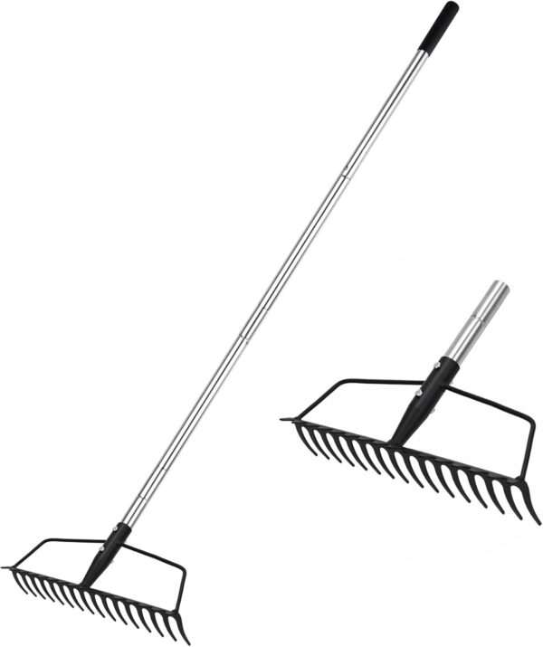 Garden Rake, Carbon Steel Sturdy and Heavy Duty Carbon Rake, Bow Rake with Adjustable Stainless Steel Handle, Long Hand Rake for Loosening Soil Leveling Mulch Gathering Leaf