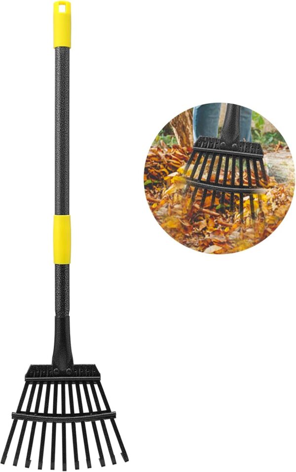 Leaf Rake for Gardening, Adjustable Metal Garden Rake for Leaves Long Handle 30-60", 11 Tines 9" wide Small Lawn Collapsible Yard Adult Kids Rake for Camping Flower Beds Mulch Shrub