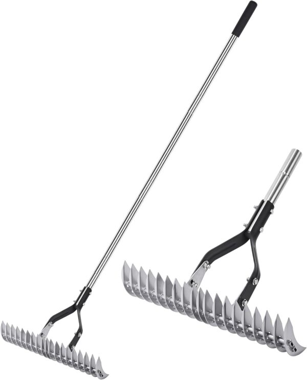 Thatch Rake Landscaping Tools, 15 Inch Heavy Duty Garden Rake with Stainless Steel Handle, Lawn Loosening Soil Rake for Cleaning Dead Grass, Adjustable Dethatcher Rake for Garden Yard Lawn