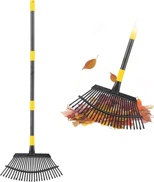 Rake for Leaves, 25 Tines 18" Wide Large Leaf Rake Heavy Duty for Lawns 5ft, Adjustable Lawn Yard Adult Kids Metal Garden Rake for Chicken Coop, Shrub, Pine Needle, Camping