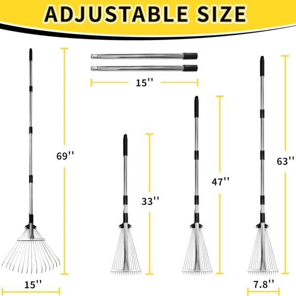 Garden Rake for Leaves,Heavy Duty Metal Adjustable Leaf Rake for Lawns,Long Handle 33"-69" with Expandable Head 8"-15",Garden Tools for Yard Lawn Shrub Garden Beds - Image 2