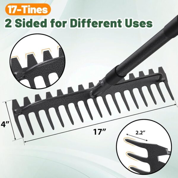 Garden Rake, 63 Inch Long Handle with 17 Tongs, Heavy Duty Metal Bow Rake for Loosening Leveling Soil, Garden Leaf Rake for Raking Leaves Grass , Weeding, Metal Yard Thatch Lawn Care Garden Tool - Image 2
