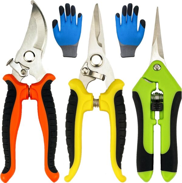 Pruning Shears, 4 Pack Garden Shears with Gardening gloves, Clippers Handheld, Stainless Steel Garden Snips,  Pruners for Gardening