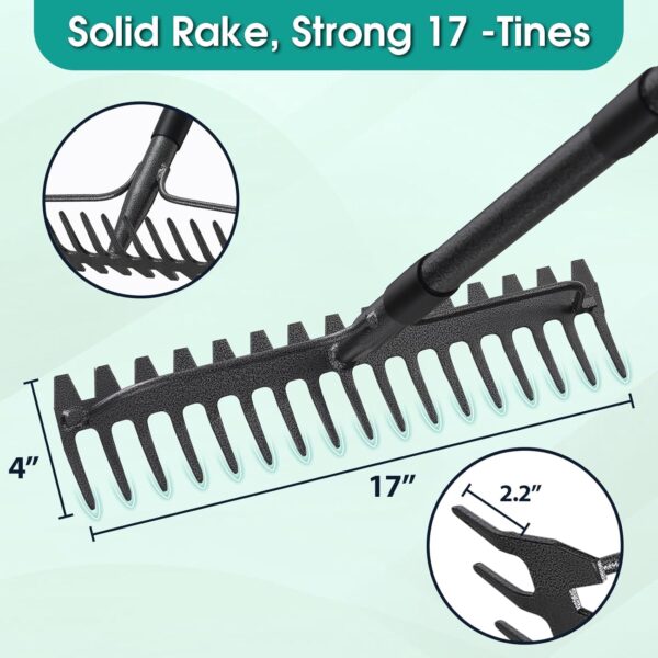 Rake, 49 Inch Garden Bow Rake with 17 Tines, Heavy Duty Raking Tool for Gardening Landscaping Loosening Soil Leveling Mulching Gravel Gathering Leaf Thatch Lawn Care - Image 2