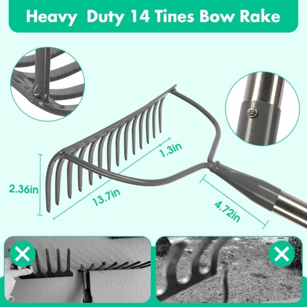 Rake, 60 Inch Garden Bow Rake with 14 Tines, Heavy Duty Stainless Steel Raking Tool for Gardening Landscaping Loosening Soil Leveling Mulching Gravel Gathering Leaf Thatch Lawn Care - Image 2