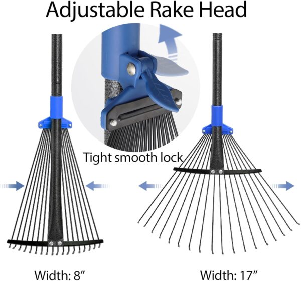 Adjustable Metal Leaf Rake Long Handle, Garden Rakes for Lawns Heavy Duty Leaves with Expandable Head 8-17", Yard Women Kids Rake for Gardening RV Camping - Image 2