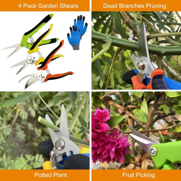 Pruning Shears, 4 Pack Garden Shears with Gardening gloves, Clippers Handheld, Stainless Steel Garden Snips,  Pruners for Gardening - Image 2
