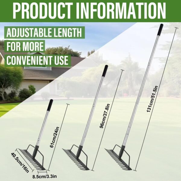 15 Inch Wide Bow Rake, 16 Steel Tines Metal Head Rake Tool with Stainless Steel Handle, Adjustable Long Handle Garden Rake for Loosening Soil Leveling Mulch Gathering Lawns Leaves - Image 2