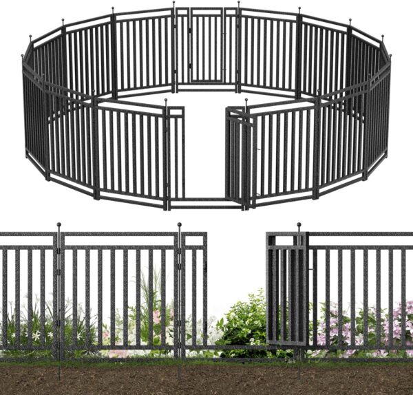 Decorative Garden Fence Metal Dog Fence Outdoor for Yard, 36ft (L) × 40in (H), 14 Panels + 2 Gates, Rustproof Animal Barrier Fencing for Patio & Flower Bed, No Dig, Black-Silver