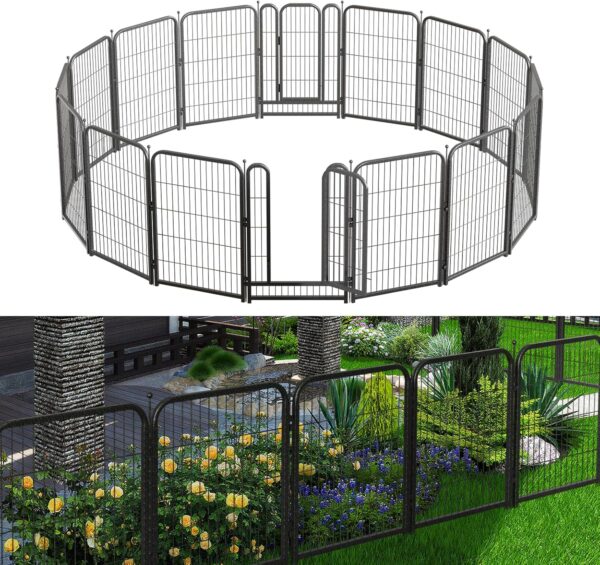 Decorative Garden Metal Fence 36ft (L)×40in (H) with 14 Panels 2 Gate Outdoor, No Dig Rustproof Wire, Animal Barrier Fencing for Outdoor Yard Patio Flower Bed,（Black-Silver）