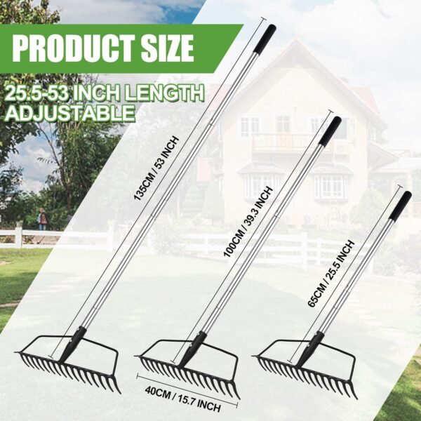 Garden Rake, Carbon Steel Sturdy and Heavy Duty Carbon Rake, Bow Rake with Adjustable Stainless Steel Handle, Long Hand Rake for Loosening Soil Leveling Mulch Gathering Leaf - Image 2