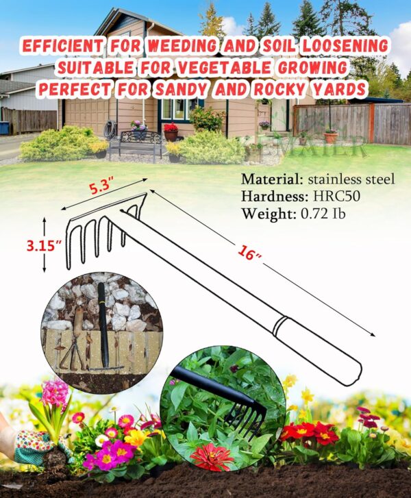 Garden Hand Rake, Mini Hand Cultivator, Heavy Duty Carbon Steel Garden Rakes Tillers with Rubber Grip, Rakes for Gardening Handle Lawn Grass Leaf Rake Gardening Tools - Image 2
