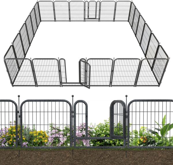 Decorative Garden Metal Fence 54ft (L)×40in (H) with 21 Panels 3 Gate Outdoor, No Dig Rustproof Wire, Animal Barrier Fencing for Outdoor Yard Patio Flower Bed,（Black-Silver）