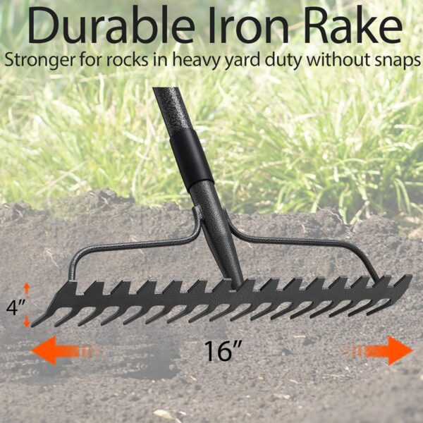 Thatch Rakes for Lawns, Heavy Duty Metal Garden Rake with 17 Prongs, Adjustable Yard Rock Rake for Gardening Loosening Soil, Long Handle 60 Inches - Image 2