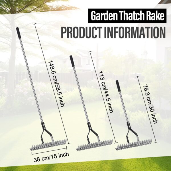 Thatch Rake Landscaping Tools, 15 Inch Heavy Duty Garden Rake with Stainless Steel Handle, Lawn Loosening Soil Rake for Cleaning Dead Grass, Adjustable Dethatcher Rake for Garden Yard Lawn - Image 2
