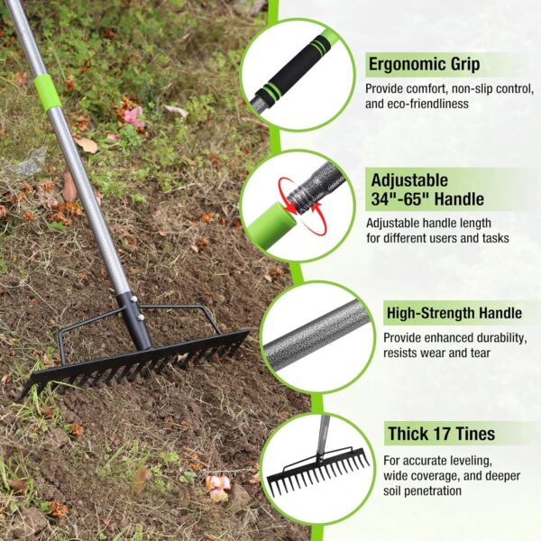 65 Inch Bow Rake, 17 Tines Metal Head Rakes with High Strength Handle, Heavy Duty Garden Rake with Adjustable Handle for for Loosening Soil, Gathering Leaf, Leveling Lawn, Farming Land - Image 2